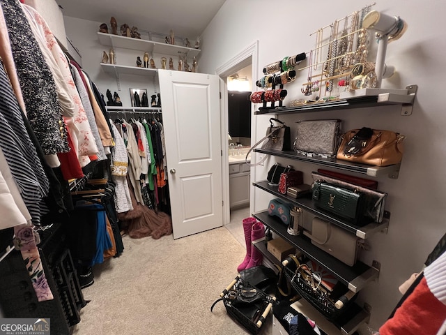 spacious closet featuring light colored carpet