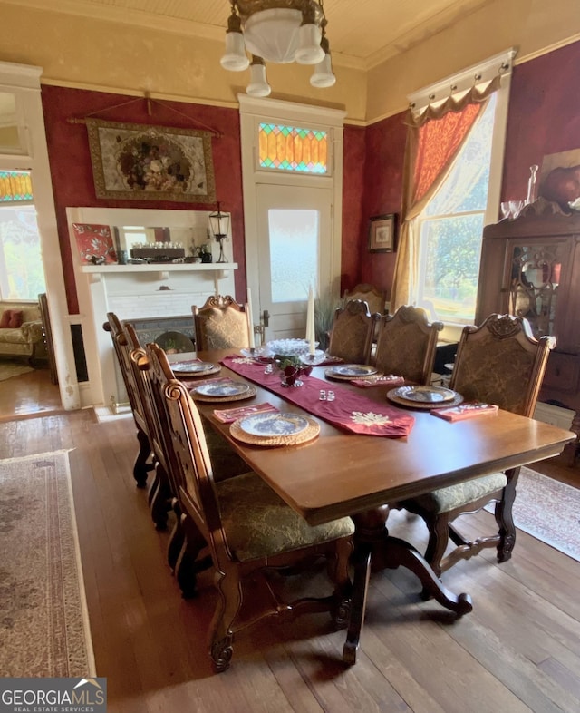 dining room with hardwood / wood-style floors and ornamental molding