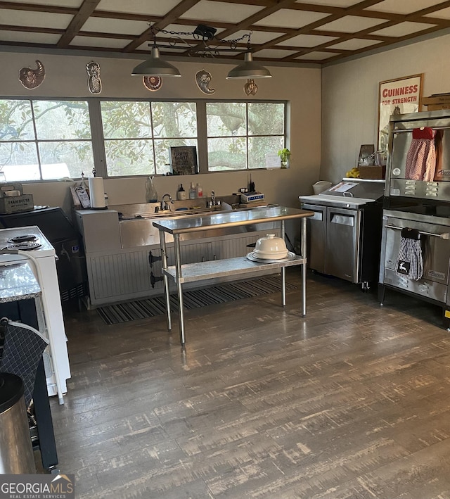 kitchen featuring dark hardwood / wood-style floors, a wealth of natural light, and coffered ceiling