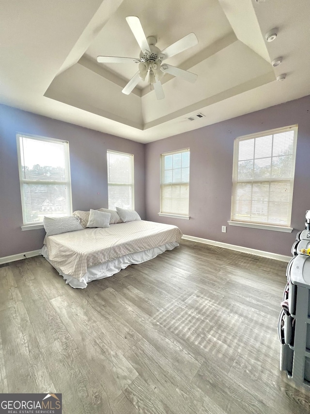 bedroom with a tray ceiling, multiple windows, ceiling fan, and wood-type flooring