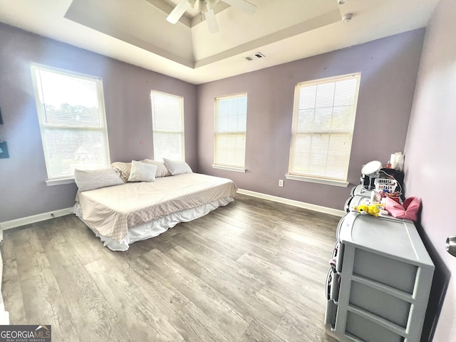 bedroom with hardwood / wood-style floors, a raised ceiling, and ceiling fan