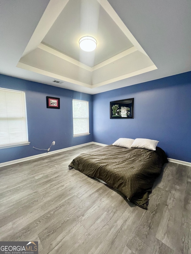 bedroom featuring a raised ceiling and wood-type flooring