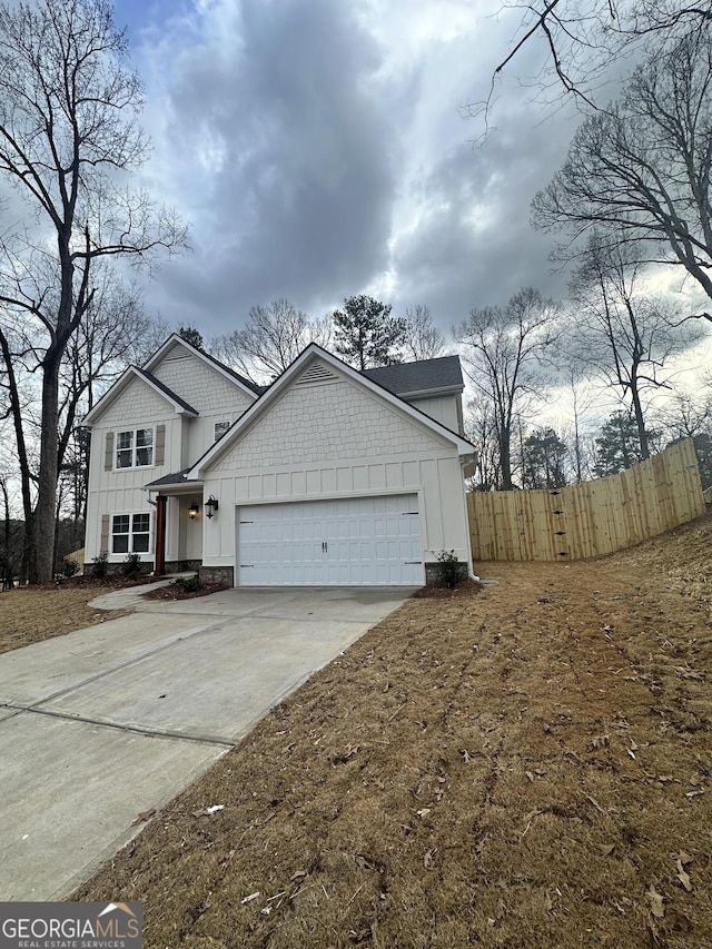 front facade with a garage