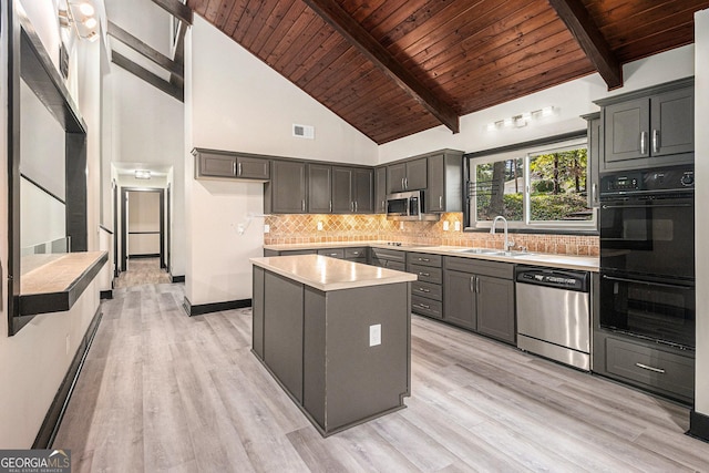 kitchen featuring sink, a center island, light wood-type flooring, and appliances with stainless steel finishes