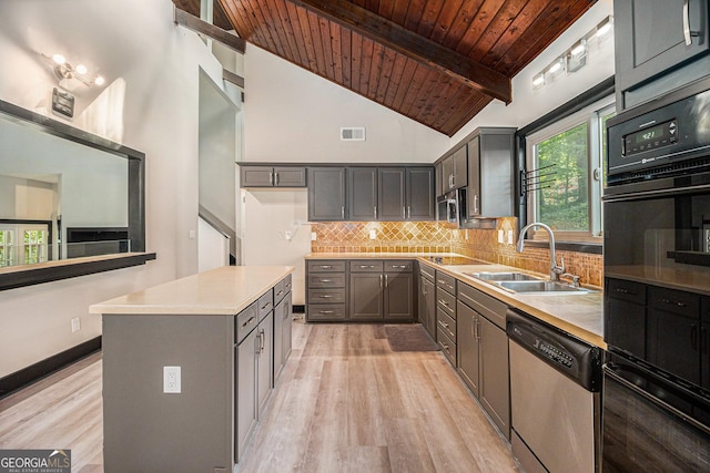 kitchen featuring dishwasher, sink, decorative backsplash, a kitchen island, and wood ceiling