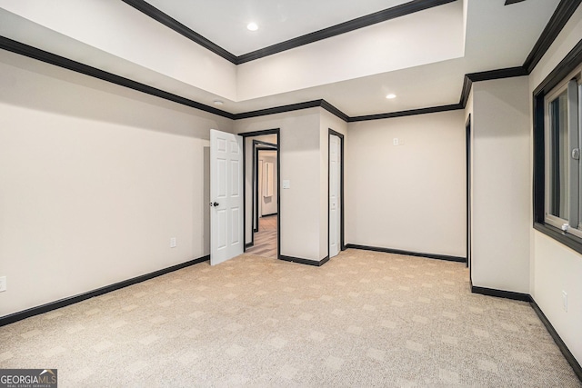 interior space with crown molding and light colored carpet