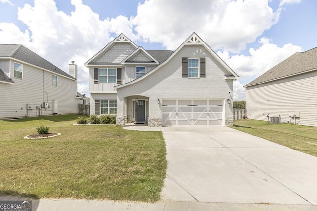 craftsman inspired home featuring a garage, a front lawn, and central air condition unit