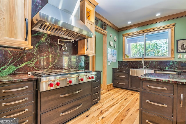 242 Kirkley Rd, Tyrone, GA 30290 - kitchen with wall chimney exhaust hood, tasteful backsplash, sink, and light hardwood / wood-style flooring