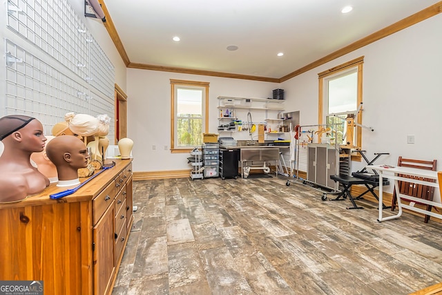 242 Kirkley Rd, Tyrone, GA 30290 - home office with crown molding and hardwood / wood-style floors