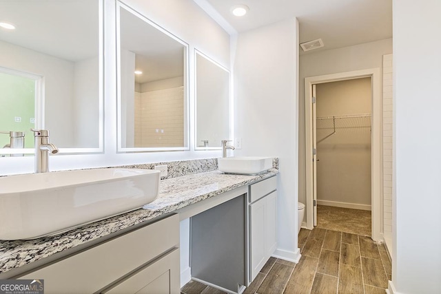 full bathroom featuring wood finish floors, a walk in closet, a sink, and double vanity