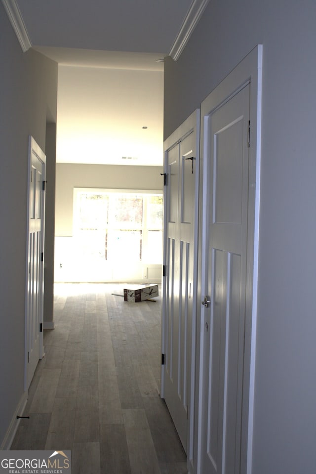 hall with ornamental molding and dark wood-type flooring