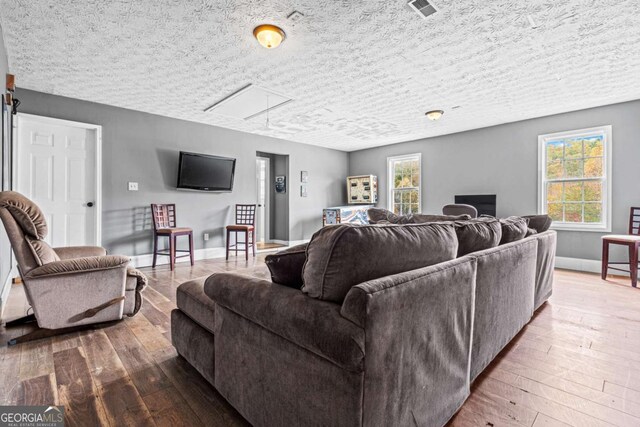 living room featuring hardwood / wood-style floors and a textured ceiling