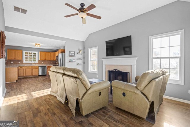 living room with sink, dark hardwood / wood-style flooring, vaulted ceiling, and a premium fireplace