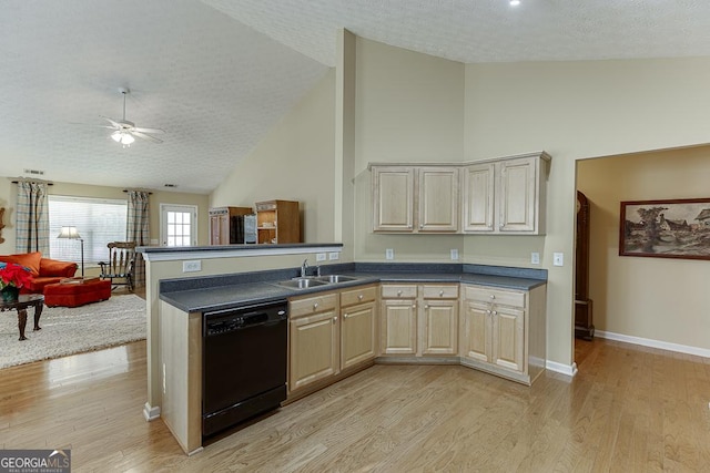 kitchen with dishwasher, sink, light wood-type flooring, and a textured ceiling