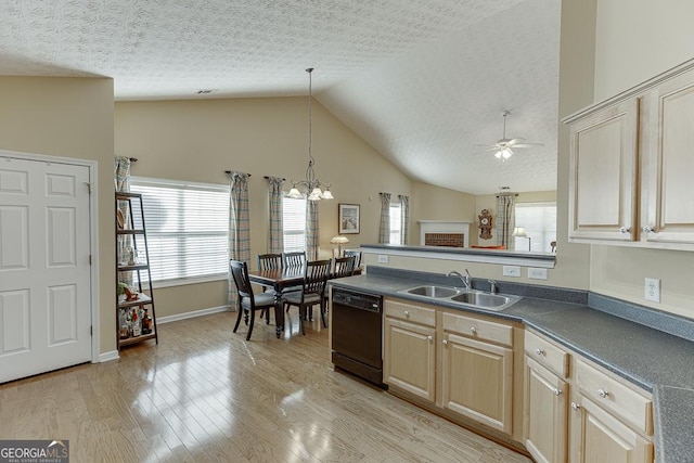 kitchen with sink, light hardwood / wood-style flooring, plenty of natural light, and black dishwasher