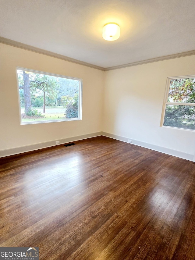 spare room with plenty of natural light, dark hardwood / wood-style floors, and ornamental molding