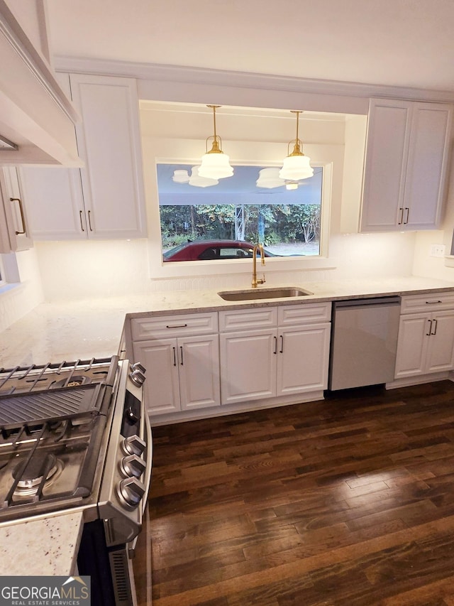 kitchen with sink, stainless steel appliances, dark hardwood / wood-style flooring, white cabinets, and exhaust hood