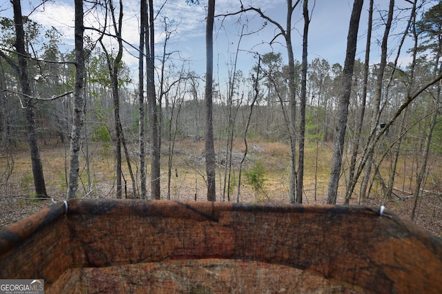 exterior space with a wooded view