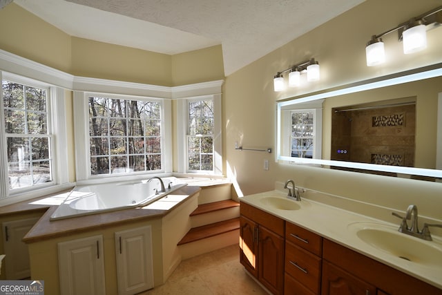 bathroom featuring vanity, plenty of natural light, tile patterned floors, and plus walk in shower