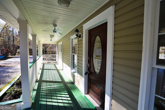 entrance to property featuring a porch and ceiling fan