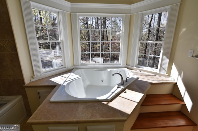 bathroom with a tub with jets and a wealth of natural light