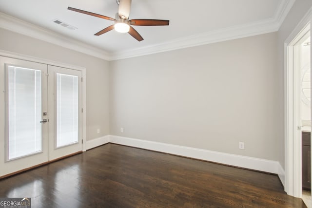 spare room featuring crown molding, french doors, ceiling fan, and dark hardwood / wood-style floors