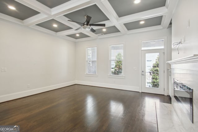 interior space with beam ceiling, ceiling fan, dark hardwood / wood-style flooring, and coffered ceiling