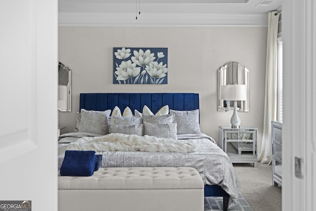 carpeted bedroom featuring ornamental molding