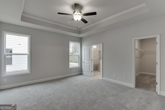 unfurnished bedroom featuring light colored carpet, a spacious closet, and a raised ceiling