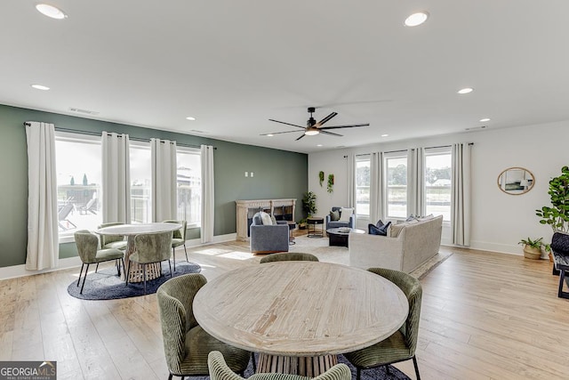 dining area with a fireplace, light hardwood / wood-style flooring, and ceiling fan