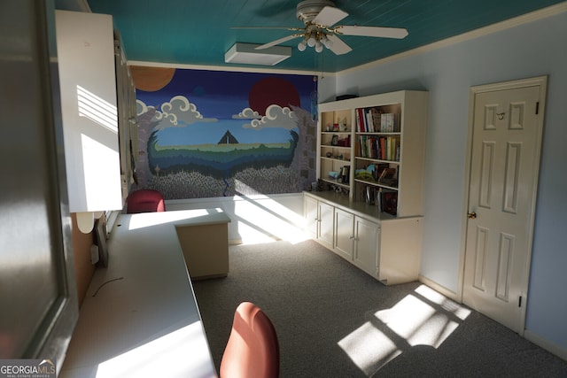 interior space with carpet flooring and ceiling fan