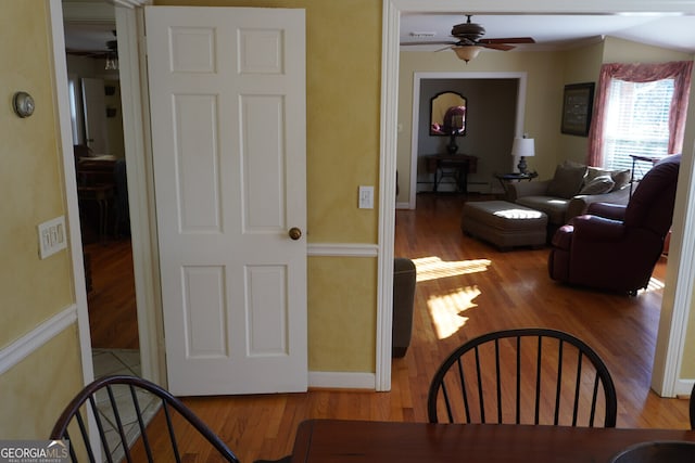 dining space with hardwood / wood-style floors and ceiling fan