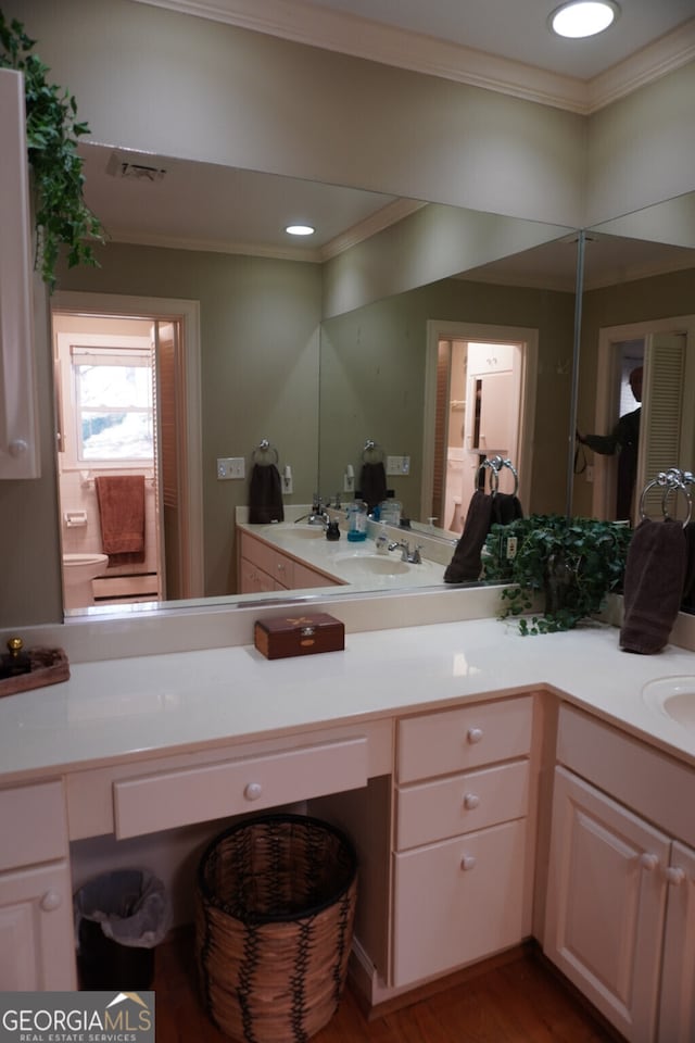 bathroom featuring vanity, hardwood / wood-style flooring, and ornamental molding