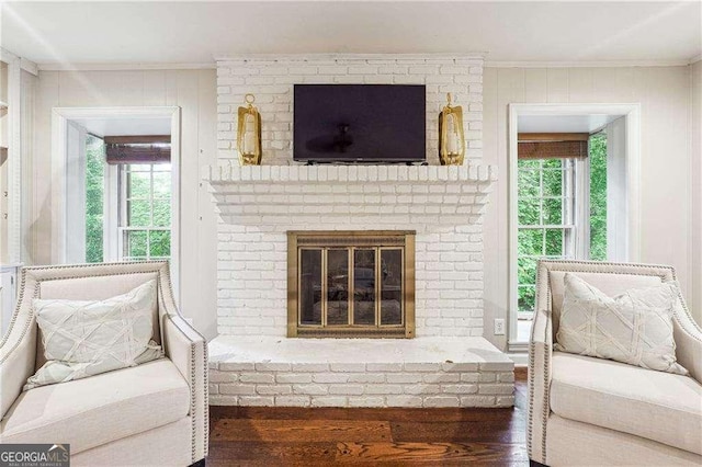 sitting room with ornamental molding, a fireplace, a healthy amount of sunlight, and wood-type flooring