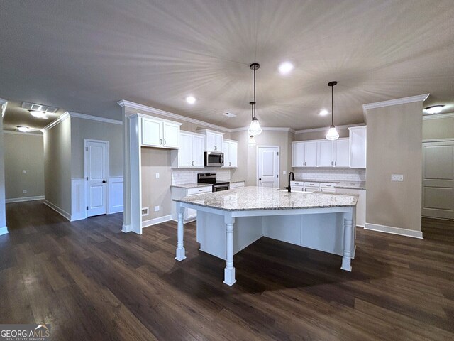 kitchen featuring white cabinets, dark hardwood / wood-style flooring, an island with sink, and appliances with stainless steel finishes