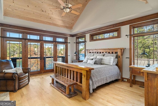 bedroom featuring multiple windows, light hardwood / wood-style floors, ceiling fan, and wooden ceiling