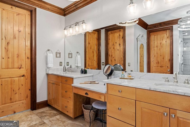 bathroom with vanity and ornamental molding