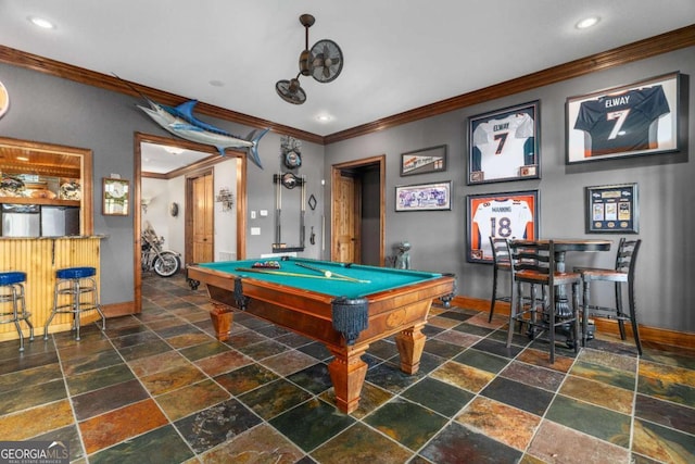 rec room featuring bar, ornamental molding, and pool table