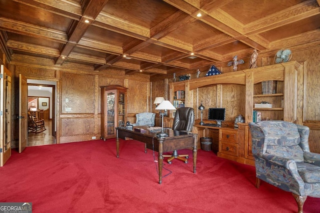 office area featuring wood walls, coffered ceiling, carpet flooring, beam ceiling, and wood ceiling