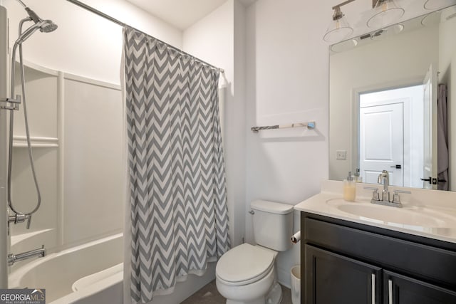 full bathroom with vanity, shower / bath combination with curtain, and toilet