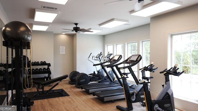 workout area featuring ceiling fan and light hardwood / wood-style floors