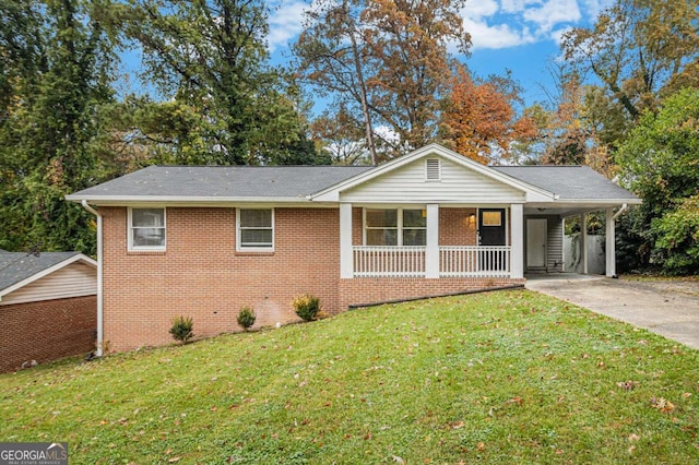 single story home with a carport, a porch, and a front lawn