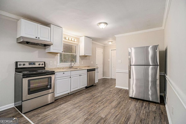 kitchen featuring white cabinets, sink, ornamental molding, dark hardwood / wood-style flooring, and stainless steel appliances