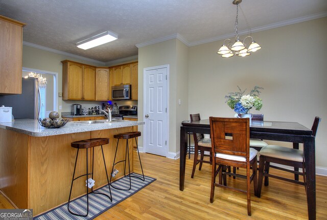 kitchen featuring crown molding, light hardwood / wood-style floors, a notable chandelier, and appliances with stainless steel finishes