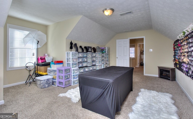 interior space with a textured ceiling, carpet, and vaulted ceiling