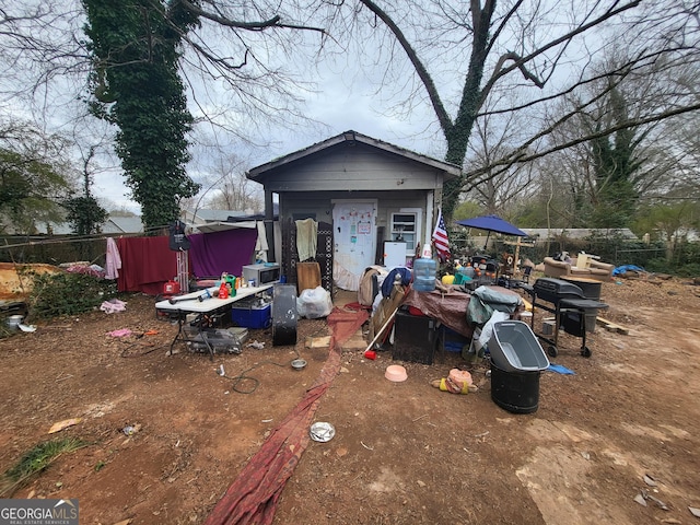 exterior space with a storage shed