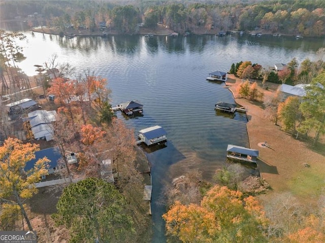 birds eye view of property featuring a water view