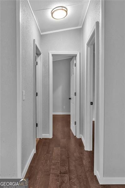 hall featuring dark hardwood / wood-style floors and ornamental molding