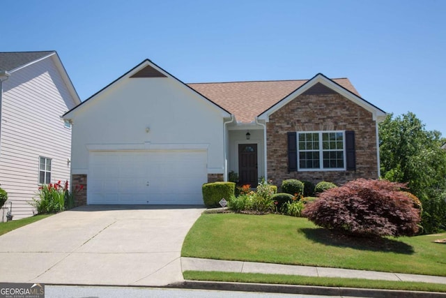 single story home with a garage and a front yard