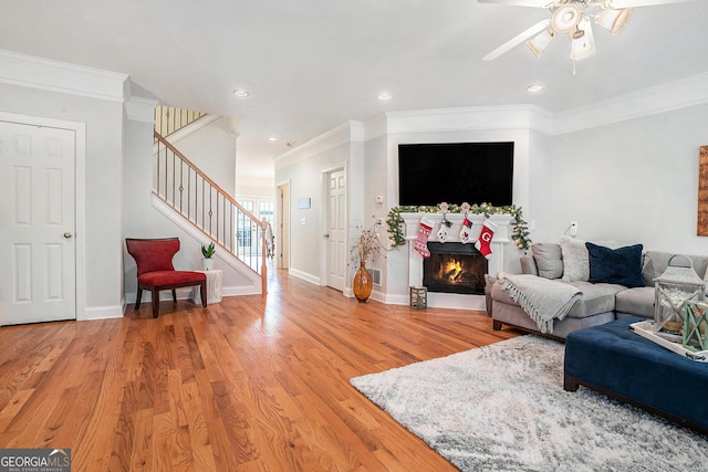 living room featuring hardwood / wood-style floors, ceiling fan, and crown molding